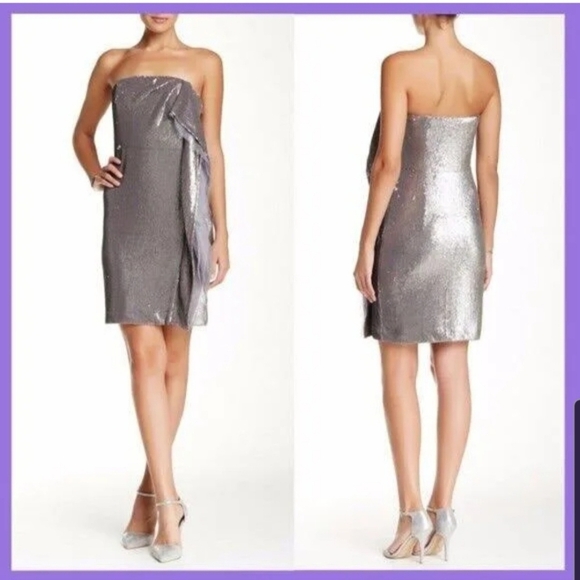 Halston Heritage Side Flutter Drape Strapless Sequin Dress Size 6 - Picture 1 of 10